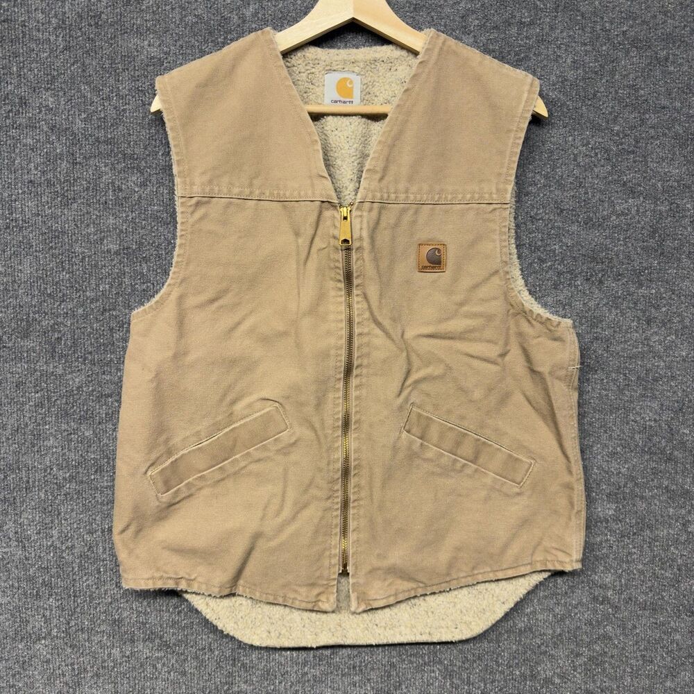 Carhartt Canvas Vest Men Small Beige Sherpa Lined Workwear Full Zip Warm Outdoor